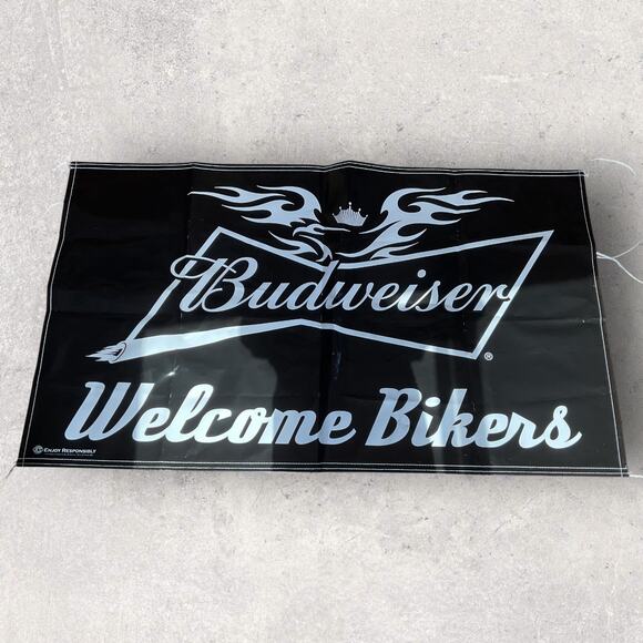 Budweiser Welcome Bikers Banner 5x3 Ft Vinyl Beer Sign Bar Man Cave Decor - Picture 1 of 2